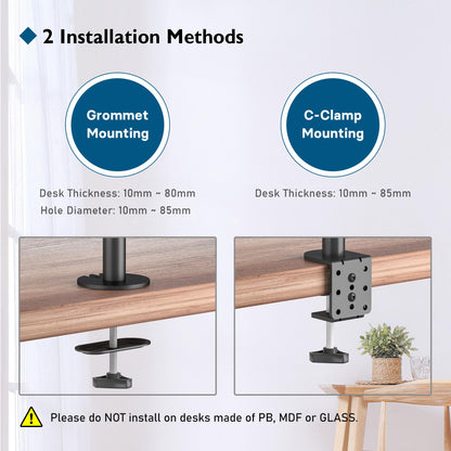 BONTEC Dual Monitor Desk Mount, Full Motion Adjustable Monitor Stand for 13–27 Inch Screens, Heavy Duty Arms Hold Up to 22 lbs Each, VESA 75x75/100x100 mm, C Clamp and Grommet Base, Cable Management