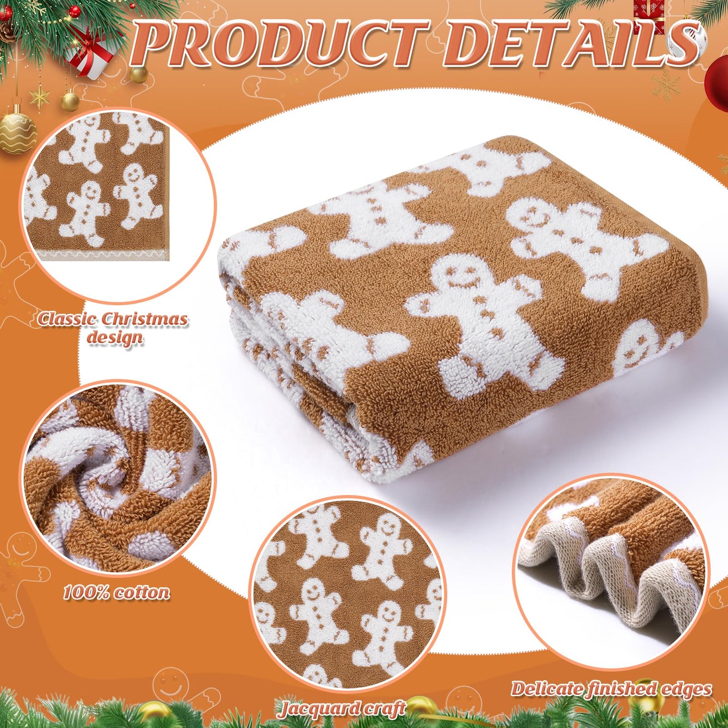 Shemilly 2pcs Christmas Hand Towels Brown Xmas Gingerbread Jacquard Hand Towel for Bath 100% Cotton Thick Soft Bathroom Kitchen Decorative Set for Christmas Winter Holiday Decor Gift,18 x 28 Inch