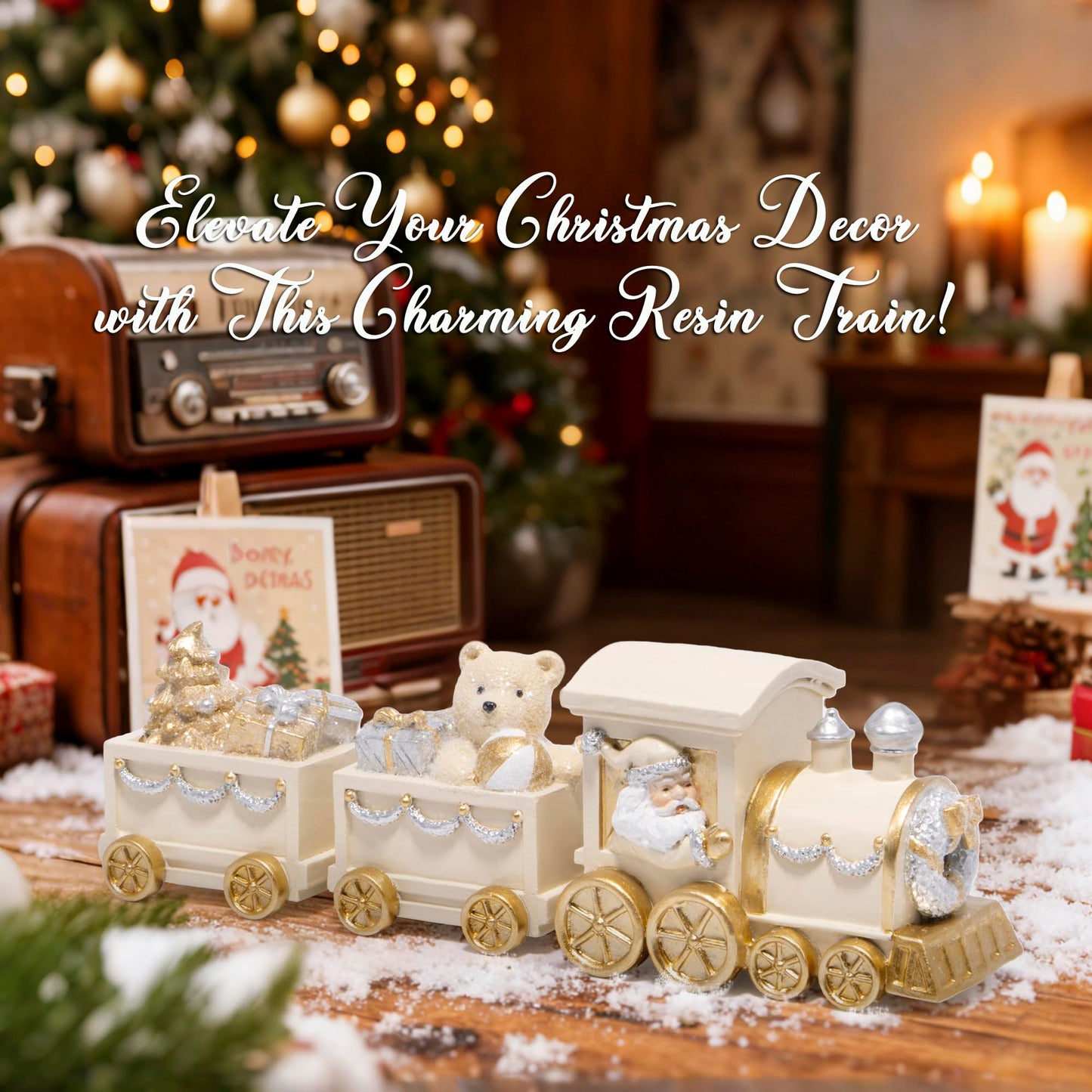 Hodao White Gold Christmas Train Decorations – Elegant Hand-Painted Resin Santa Claus and Teddy Bear Train, Luxury Ornament for Tabletop, Mantel, Home Christmas Decor Display