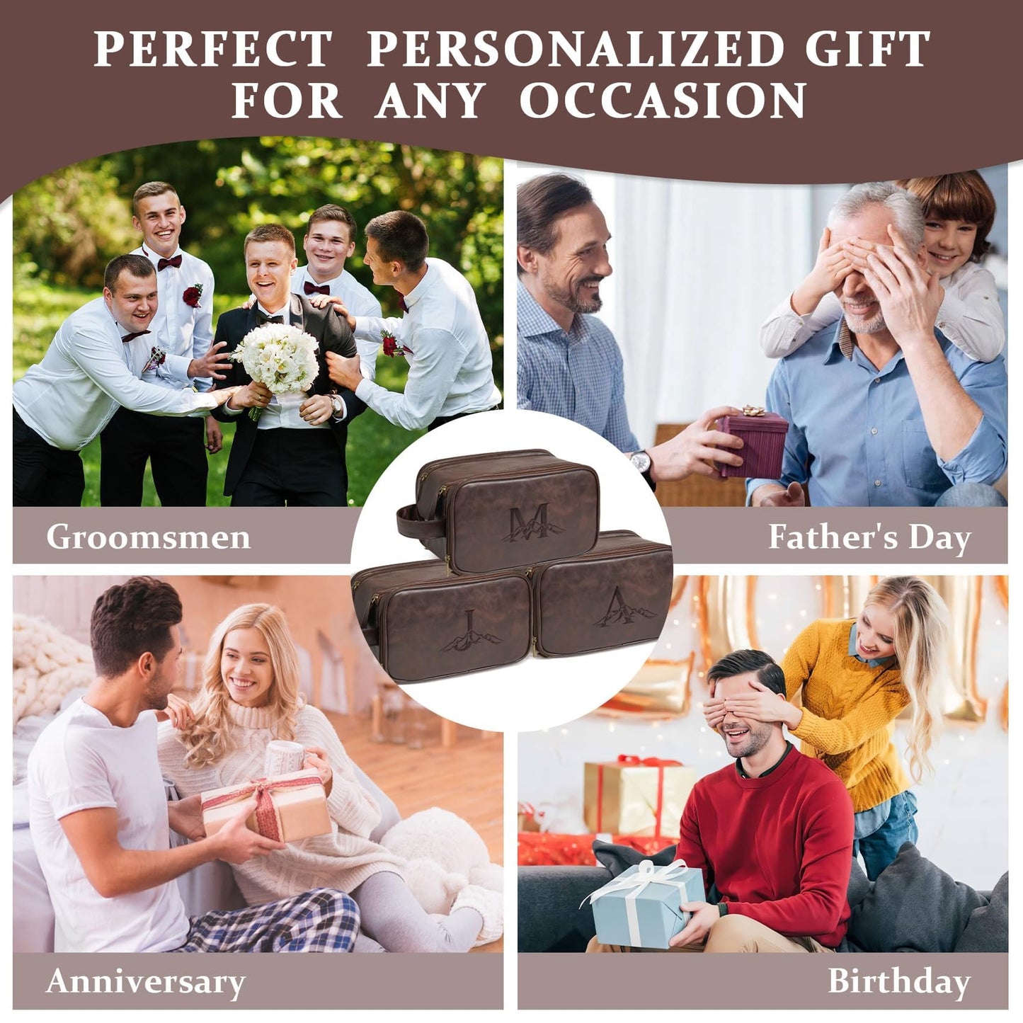 Janhavi Travel Toiletry Bag For Men Waterproof, Groomsmen Gifts Personalized Leather Engraved Initials & Mountain, Mens Dopp Kit Bag, Birthday Gifts For Men, Travel Tssentials (Dark Brown A)