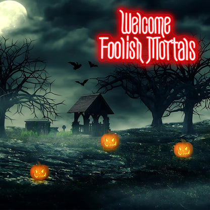 Welcome Foolish Mortals Neon Sign,Dimmable Spooky Gothic Haunted Mansion Coffin LED Neon Signs for Wall Decor,USB Powered Led Neon Light for Halloween Party Haunted House Man Cave Birthday Gifts(16.1*9.4in) (Red)