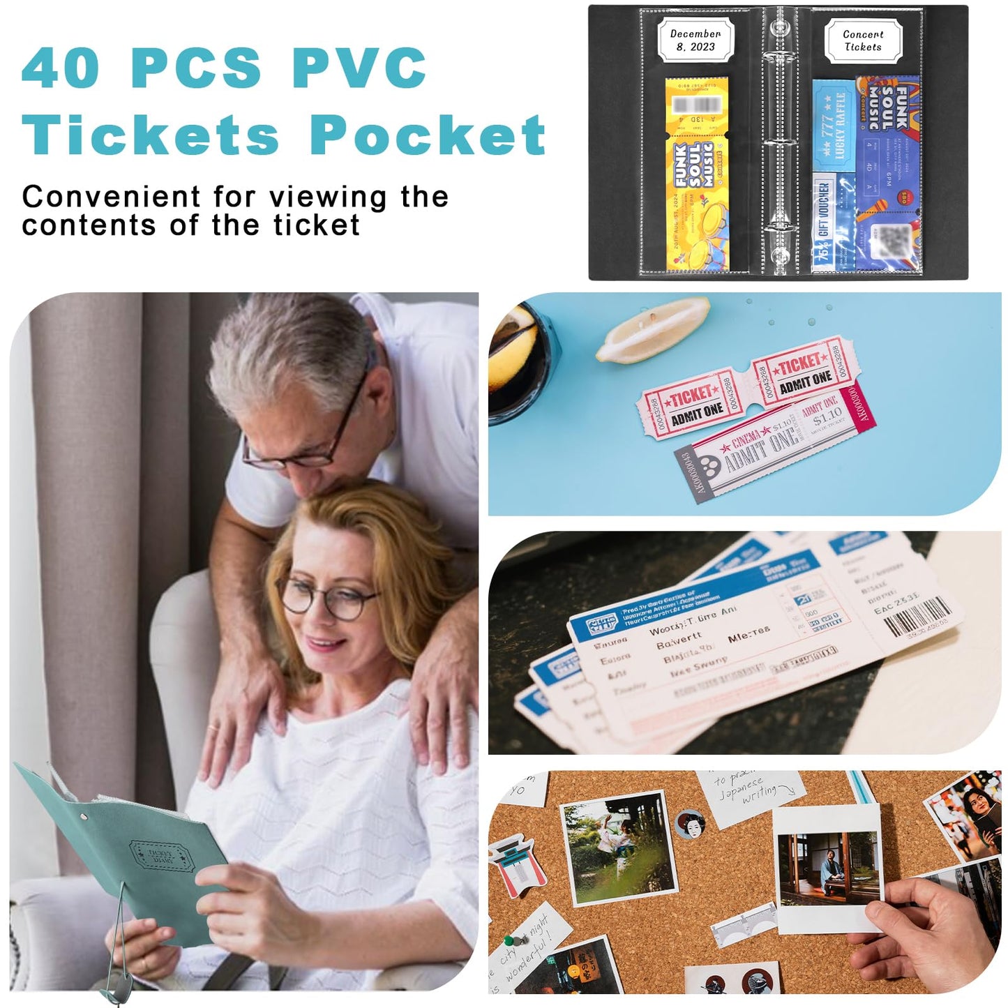 Blue PU Leather Ticket Stub Diary 3 Hole Ticket Stub Holder Album 6 x 9 Inch Ticket Stub Organizer with 40 PVC Pockets 42 DIY Stickies 26 Letter Charms for Collect Movie Concert Tickets Receipts