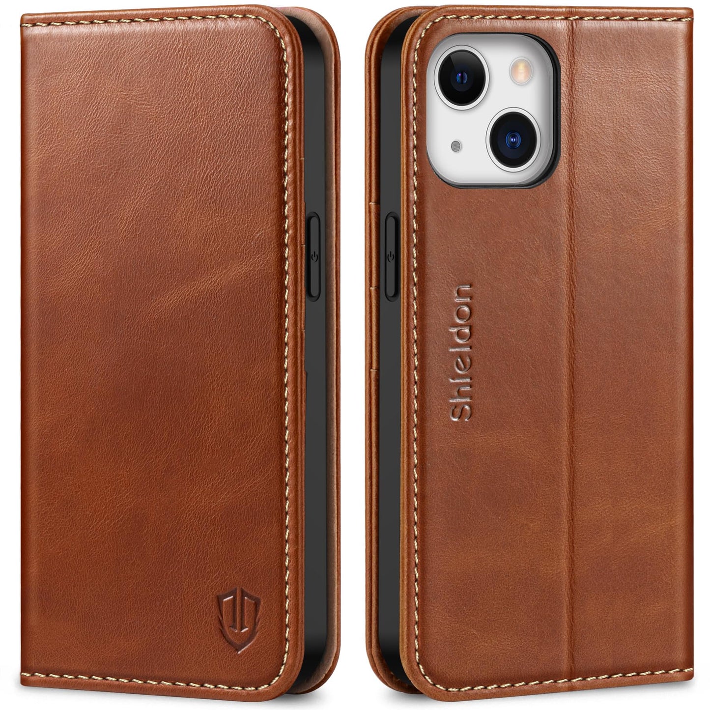 SHIELDON Wallet Case for iPhone 13 5G, Genuine Leather Folio Case Magnetic Shock Absorbing Cover RFID Blocking Credit Card Holder Kickstand Compatible with iPhone 13 6.1" 2021 - Retro Brown
