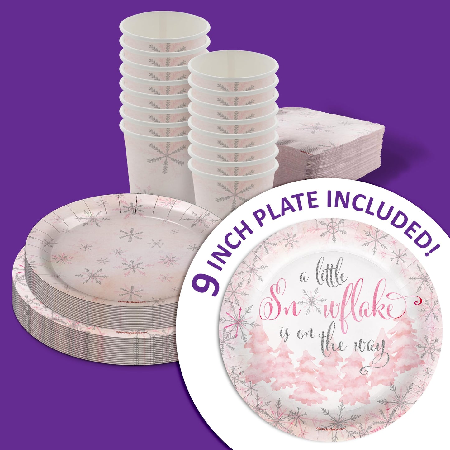 A Little Snowflake is On The Way Girl's Baby Shower Party Supplies - 64 Piece Winter Baby Shower Tableware Set Includes Large 9" Dinner Plates and 8" Dessert Paper Plates Napkins Cups - Kit for 16