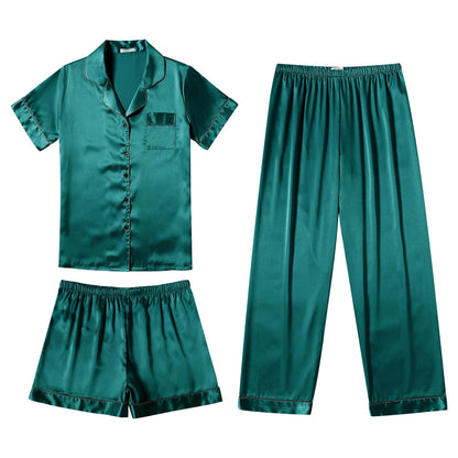 Ekouaer Silk Pajamas for Women Set Satin Pjs Soft Short Sleeve Button Down Sleepwear 3 Piece Loungewear S-XXL