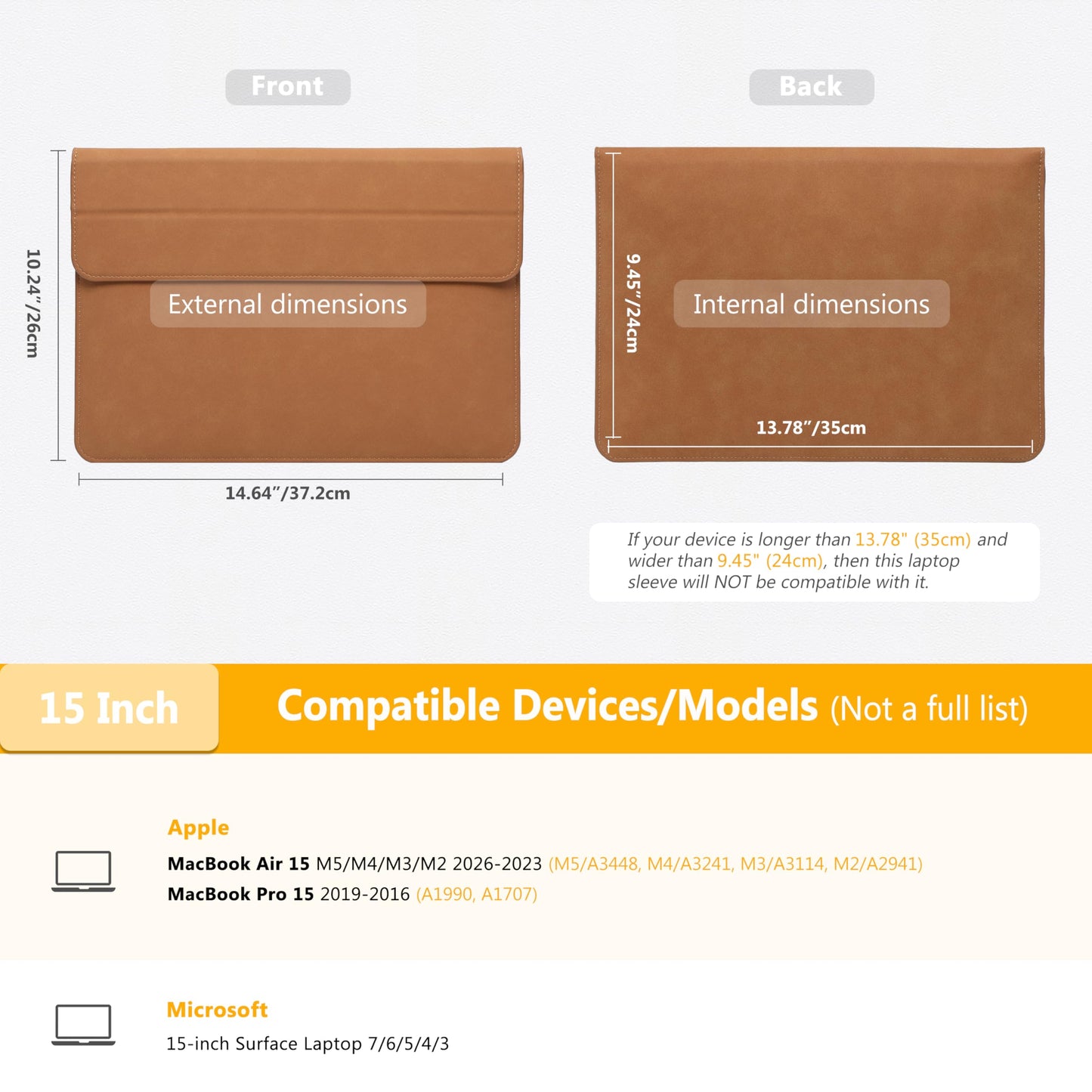 HYZUO 15 Inch Laptop Case Bag Sleeve with Stand for MacBook Air 15 M5 M4 A3241 M3 A3114 M2 A2941 2026-2023, 15" Surface Laptop 7/6/5/4/3, MacBook Pro 15 A1990 A1707 2019-2016, Brown
