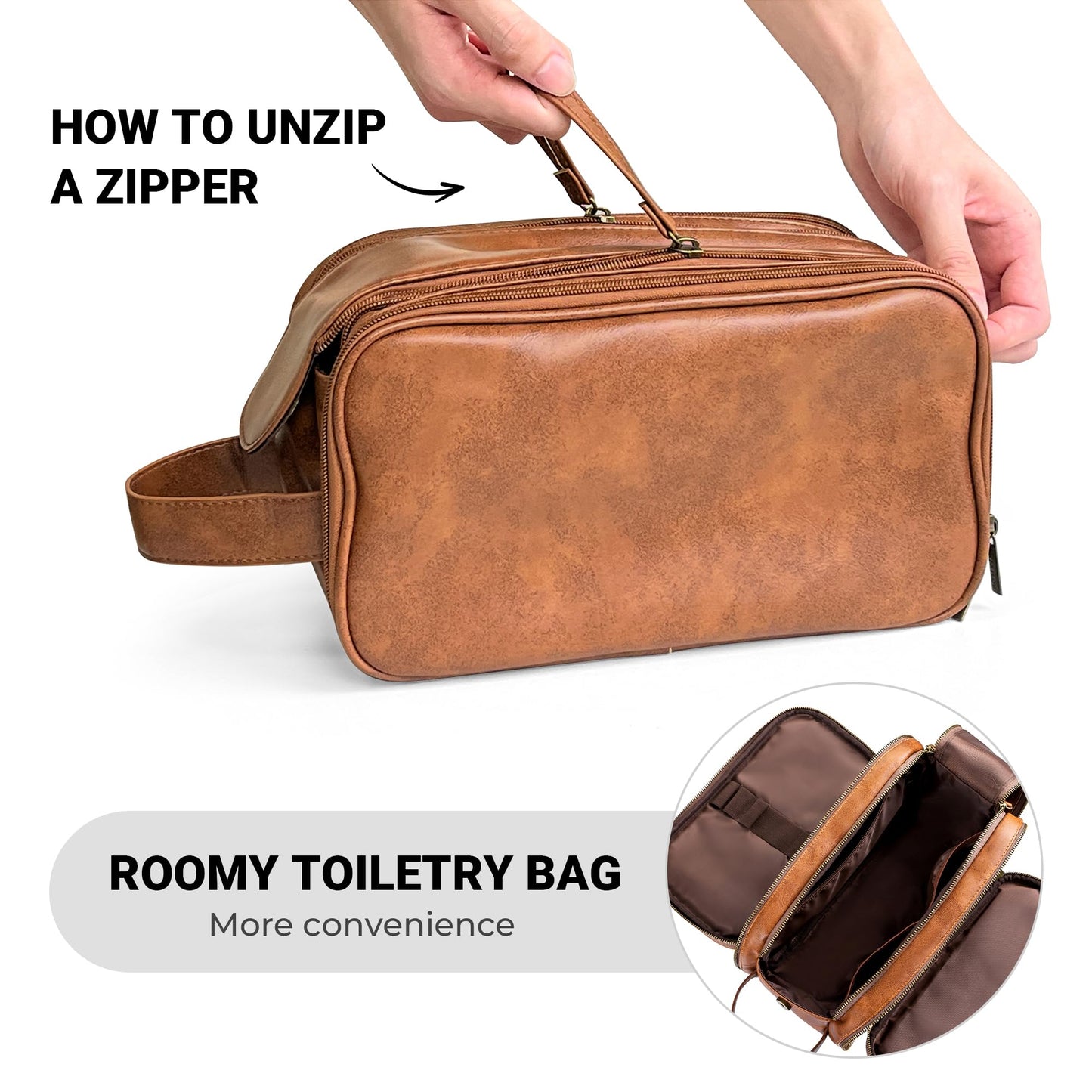 Elviros Toiletry Bag for Men, Large Travel Shaving Dopp Kit Water-resistant Bathroom Toiletries Organizer PU Leather Cosmetic Bags Fathers Day Gift (Medium, Brown)