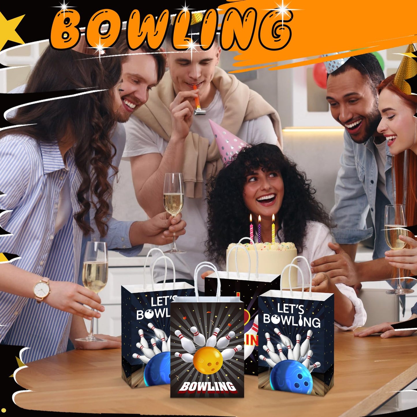 Kolldenn 24 Pcs Bowling Party Favors Bags Bowling Ball Goodie Gift Paper Bags with Handles Sport Candy Treat Pouch for Ball Birthday Party Decorations Supplies