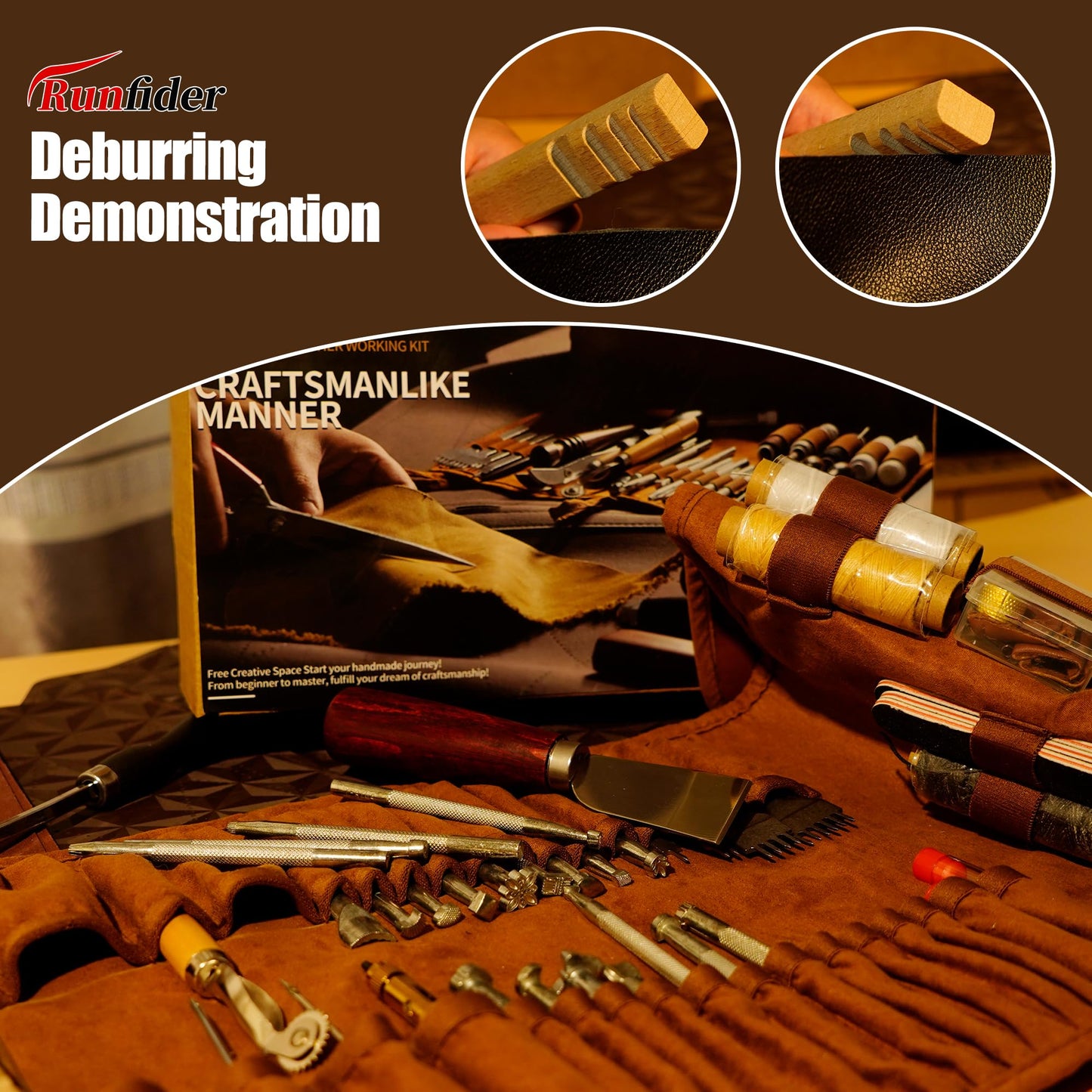 Runfider Leather Working Tool Set 72PCS Professional Leather Craft Tools Kit for Beginners with Carving Cutting Punching Sewing & Stamping Tools Leatherworking Kit for Handicraft DIY