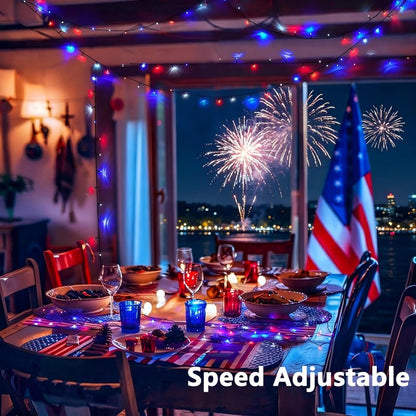 Joomer Red Blue White String Lights Outdoor, 100FT 300LED RGB Lights with Remote Timer Memory, Waterproof Indoor Outdoor 4th of July Independence Day Memorial Day Patriotic Yard Garden Decor