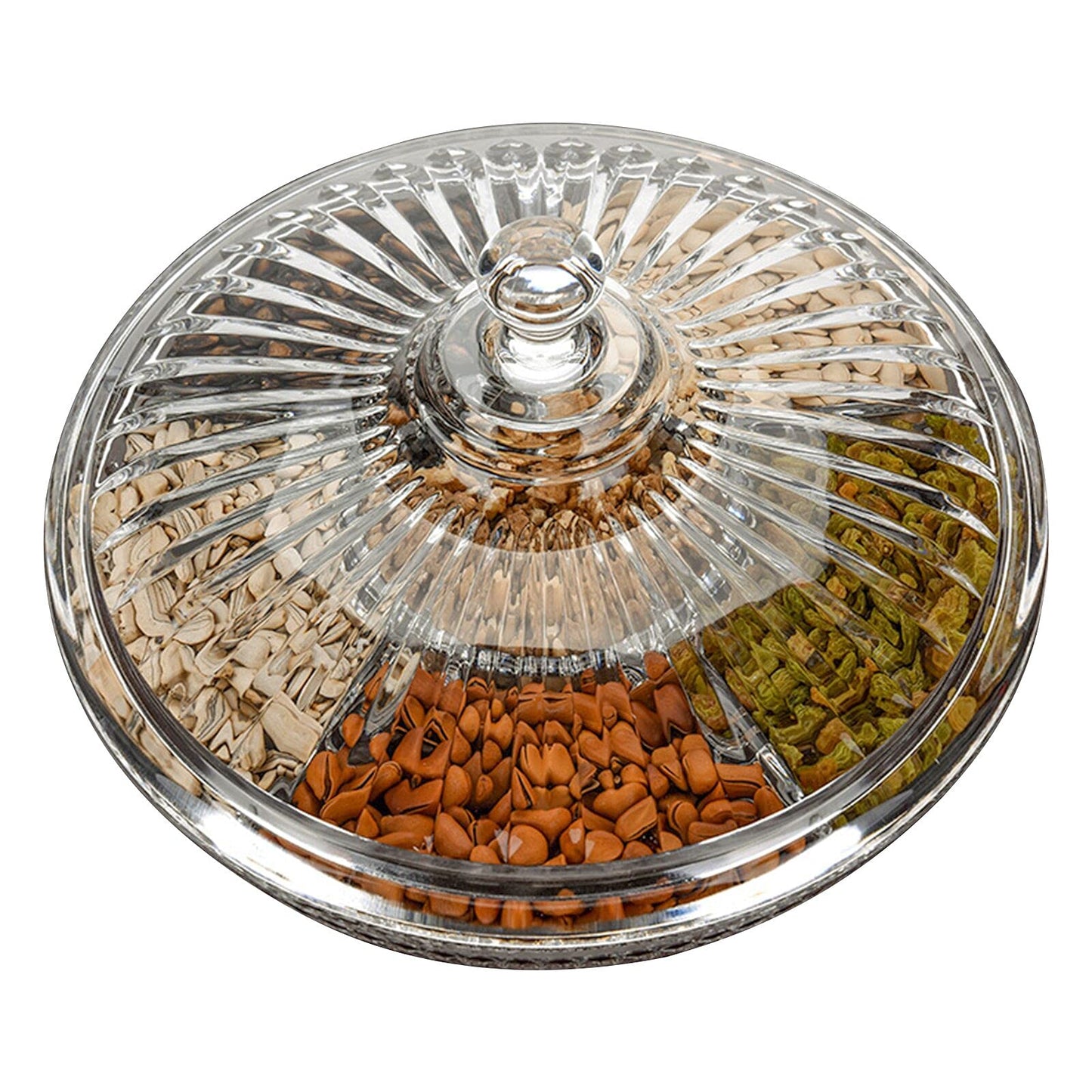 FEOOWV Creative Acrylic Multifunctional Party Snack Tray with Lid,Serving Dishes for Dried Fruits Nuts Candies Fruits,6-Compartment (Round)