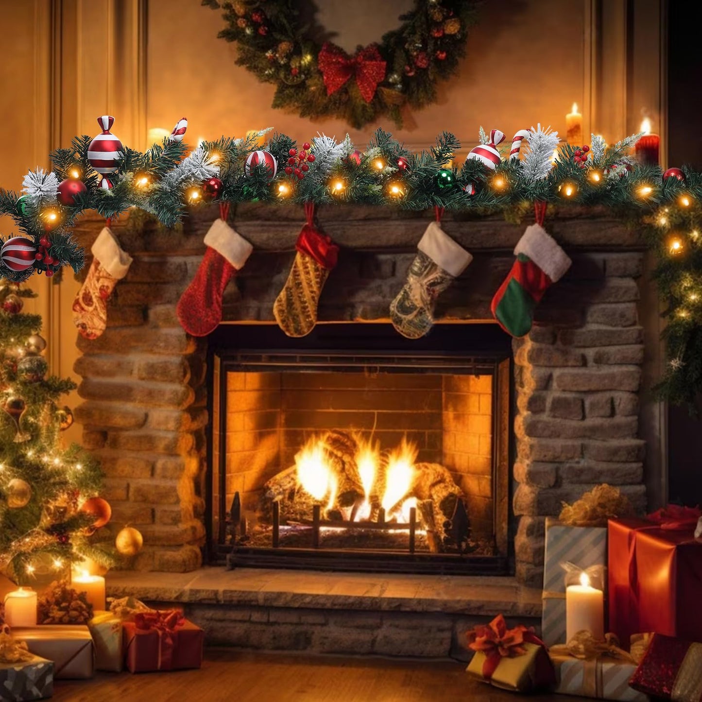 6 FT Christmas Garland with Lights, Prelit Wintry Pine Flocked Garlands with Candy Cane and Ball Ornaments, Battery Operated Artificial Christmas Garlands for Front Door Fireplace Mantle Decor