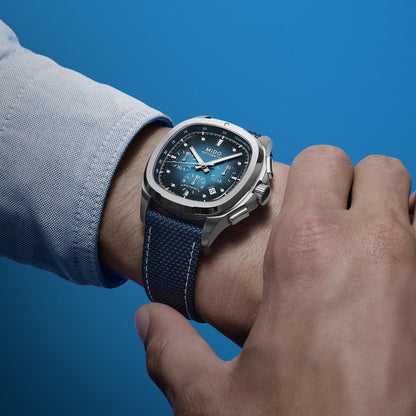 MIDO Multifort TV Chronograph - Swiss Automatic Watch for Men - Blue Dial- 41.2 x 42mm Stainless Steel Case and Bracelet with Additional Blue Fabric Strap - M0495271104100