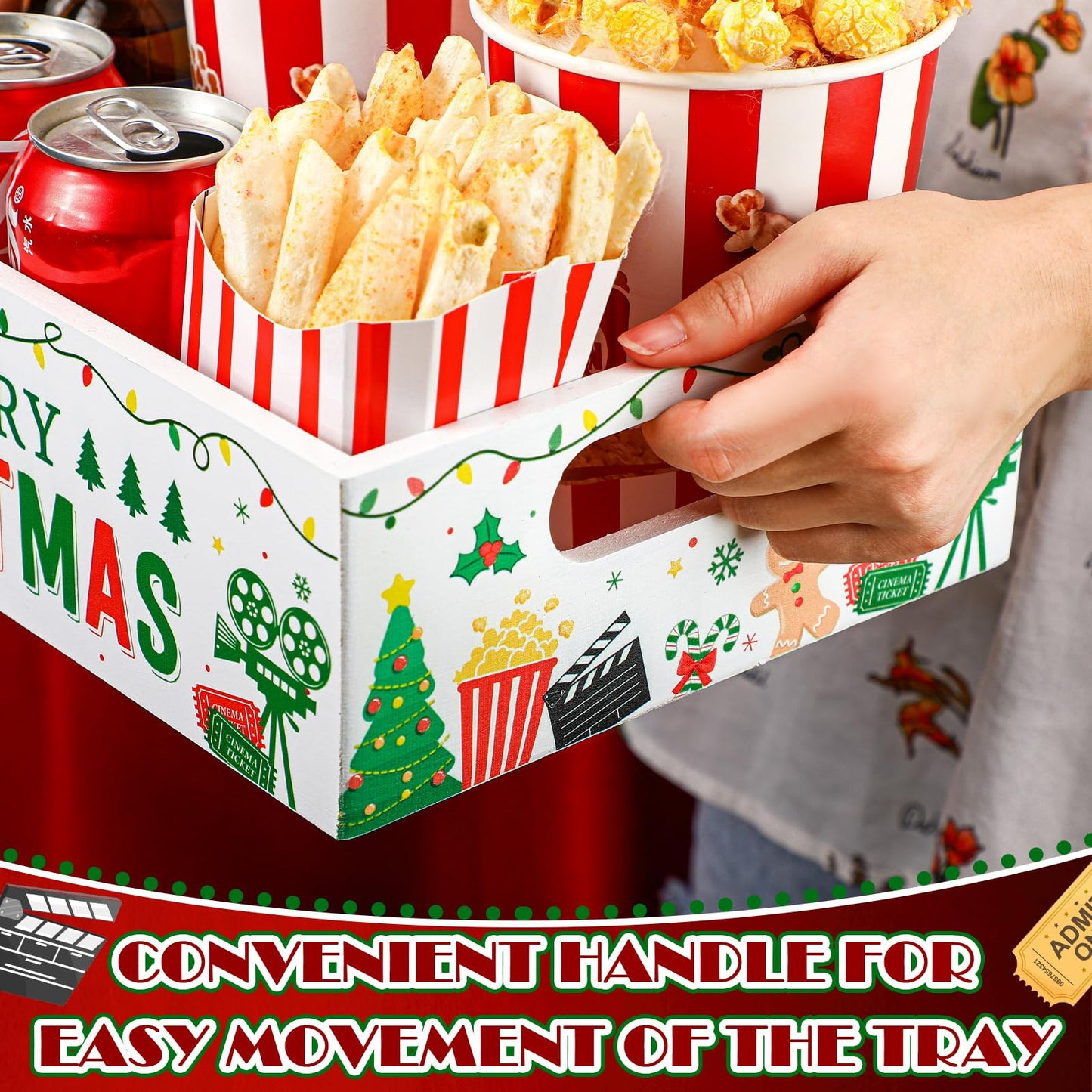 Movie Night Supplies Snack Trays with Handles Reusable Wooden Movie Gift Basket for Theater Popcorn Bucket Bowl Box Container Family Room Decor(Christmas Style 2)