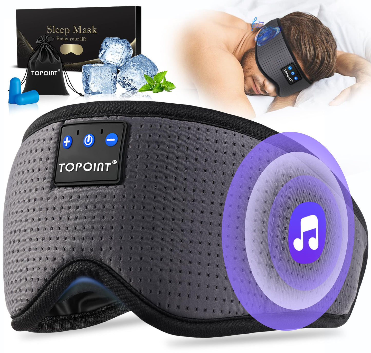 TOPOINT Sleep Mask with Bluetooth Headphones, Breathable Silk Eye Mask for Sleeping Men Women, Bluetooth Sleep Mask Blackout with Speakers, Microphone Handsfree, USB C for Travel Meditation Gifts