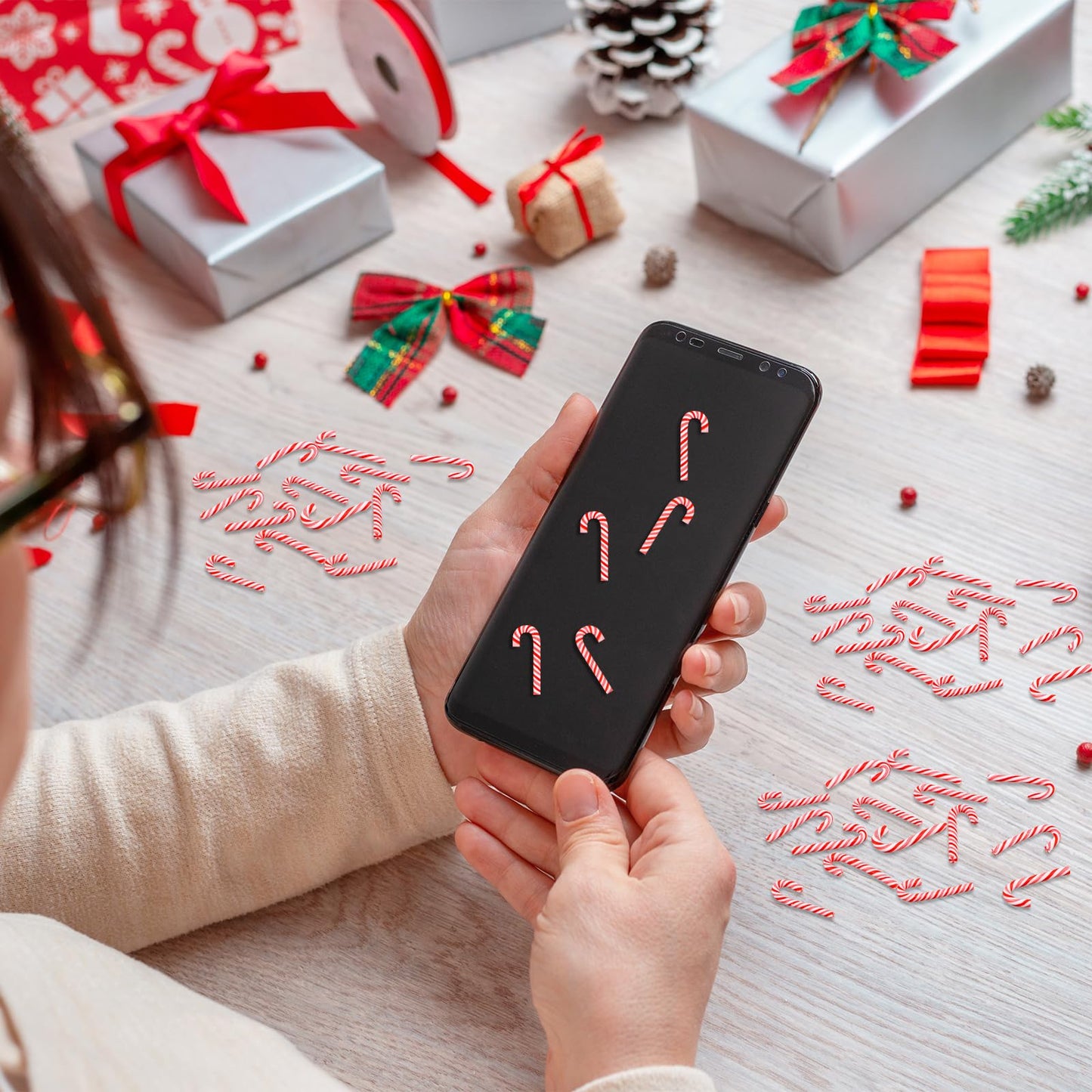 Giegxin 120 Pcs Christmas Mini Candy Cane for Crafts Plastic Fake Candy DIY Craft Supplies Peppermint Ornaments for Christmas DIY Garden Accessories Xmas Phone Case Making