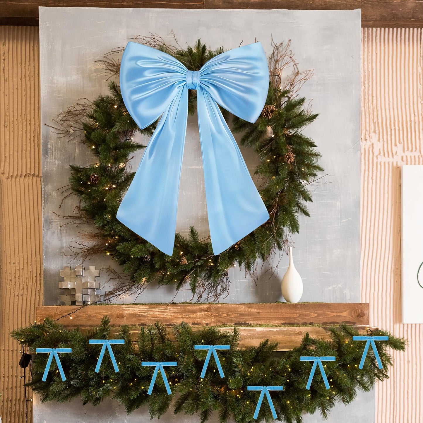 17x23 Inch Large Blue Bow for Christmas Tree Topper Christmas Tree Decoration Set: 24 Small Velvet Bows, 1 Pcs Big Tree Topper Bow, 3000 Strands of Tinsel Icicles for Holiday Decor (Blue)