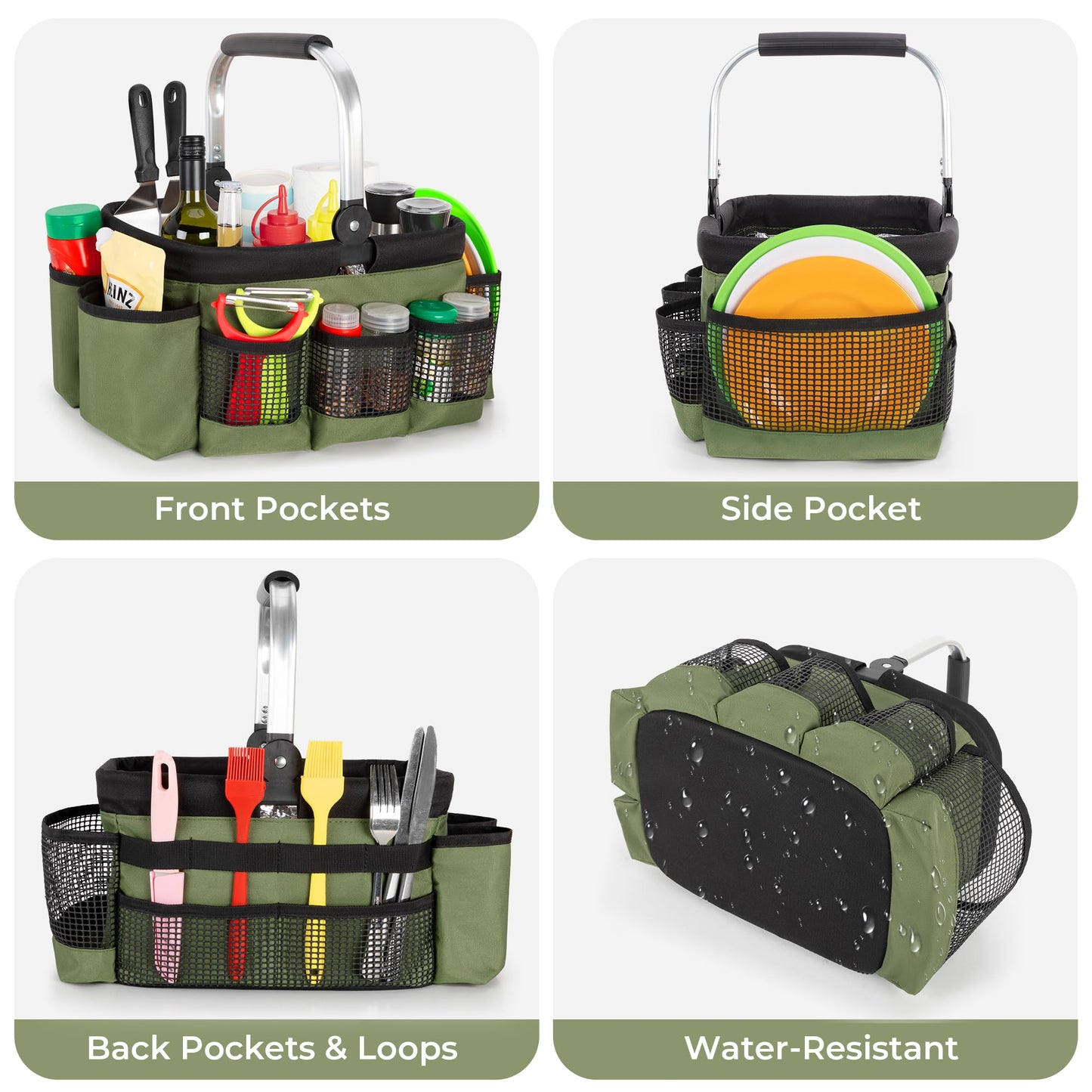 PGmoon Grill and Picnic Caddy, Foldable BBQ Tool Caddy with Rotated Handle, Multi-Pocket Grill Utensil Storage Bag for Outdoor Camping Picnic Patio Barbecue Accessories, Green