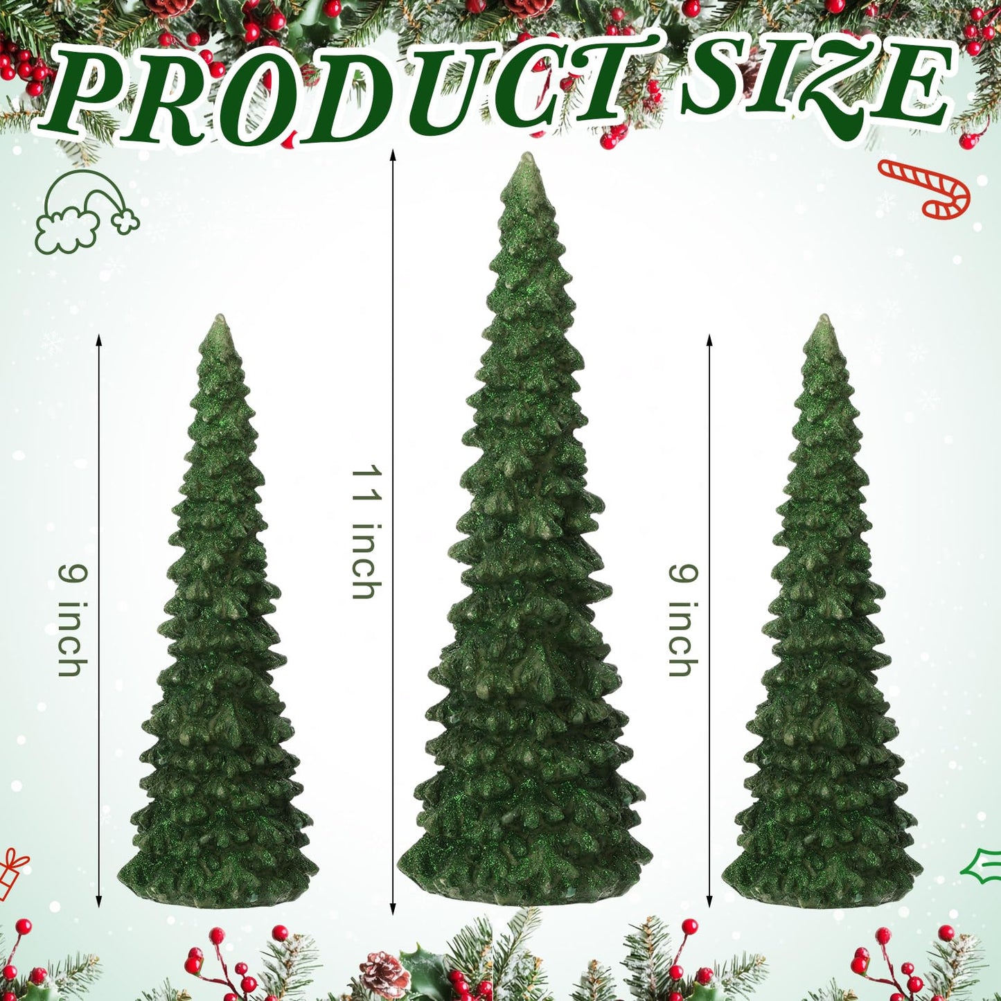 Flutesan 3 Pcs Green Christmas Tree Figurines with Lights 11" /9" Tabletop Glittered Resin Village Pine Figurine Light Up Battery Operated Centerpieces Winter Holiday Decor for Table Mantel Home