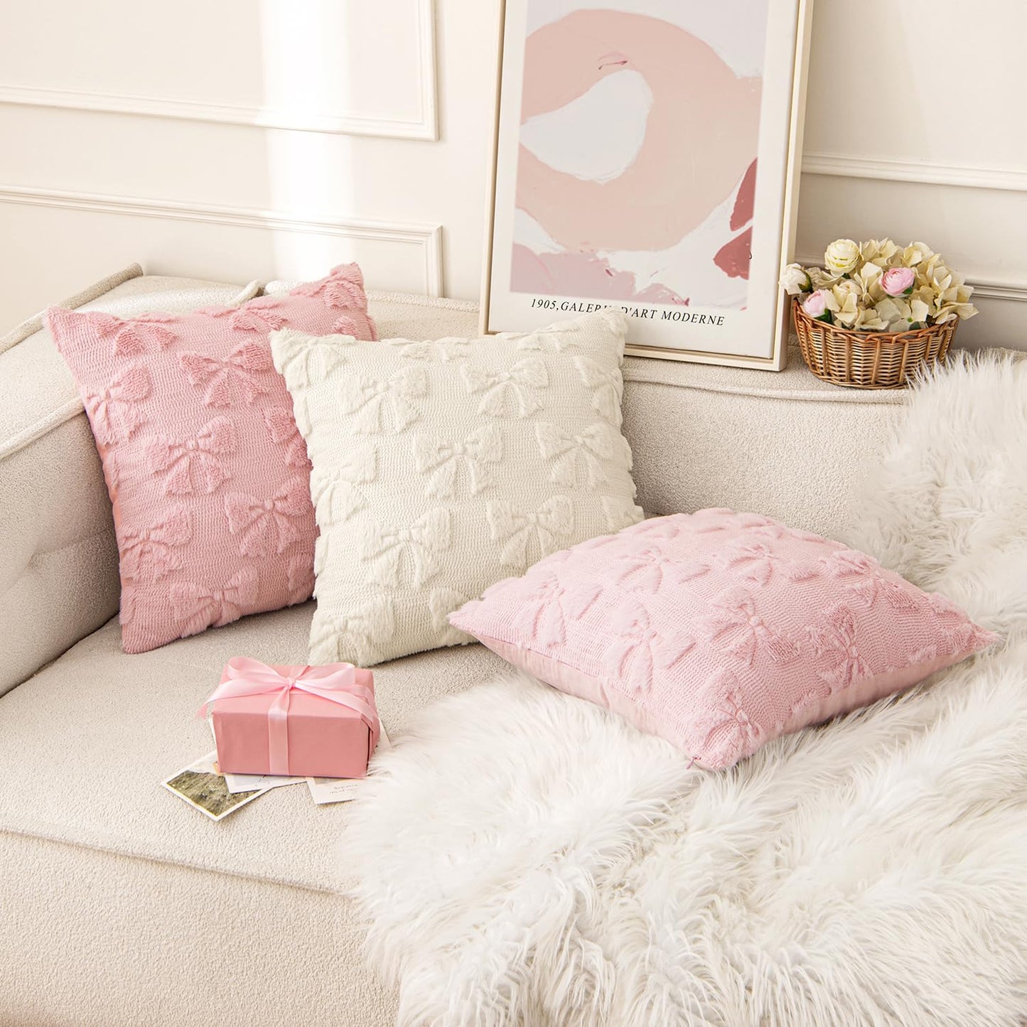MIULEE Pink Bow Pillow Covers Coquette Room Decor Aesthetic Set of 2 Spring Decorative Cute Girl Soft Plush Faux Pillowcase for Preppy Room Decor Bedroom Couch,24x24 Inch