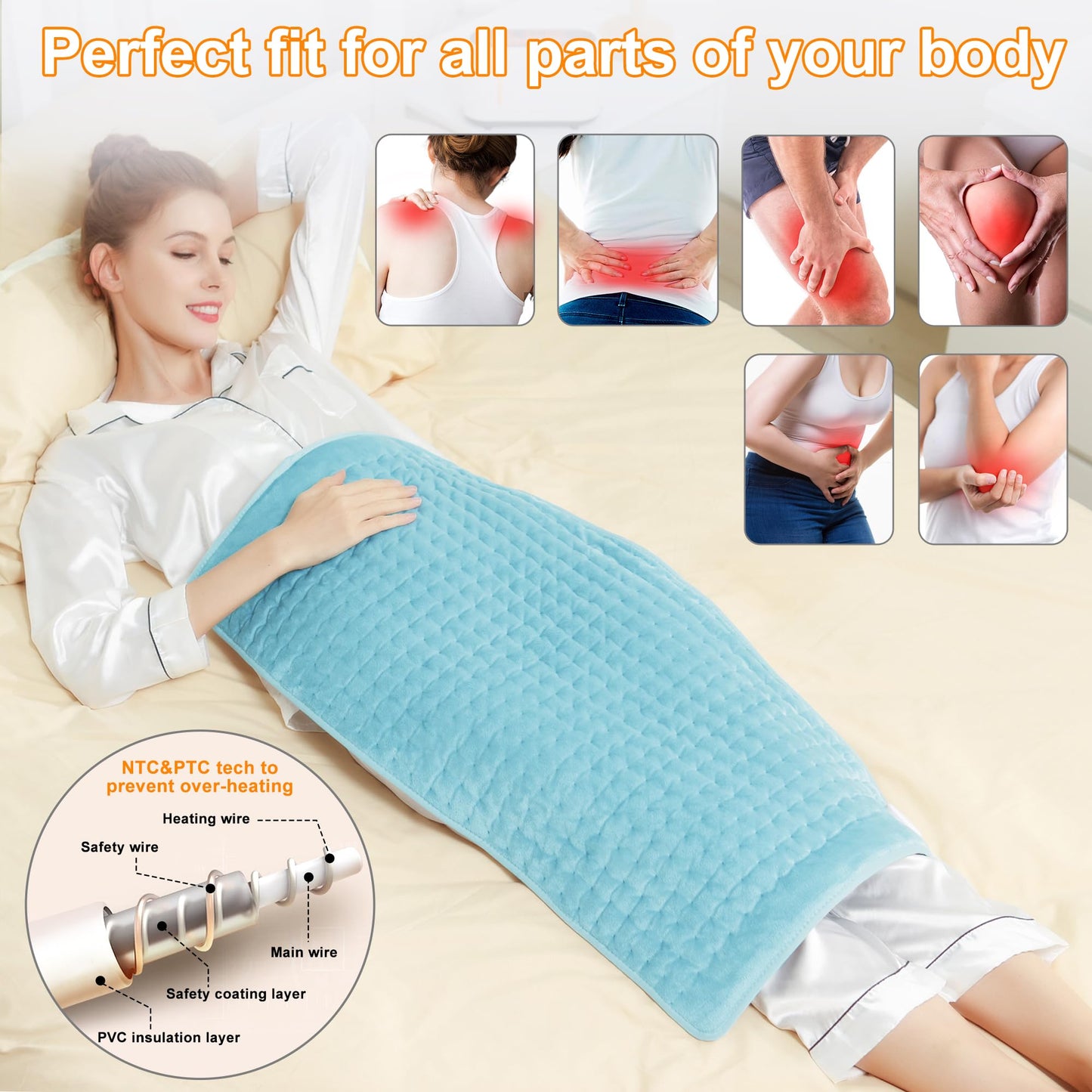 Heating Pad,Electric Heating Pads for Back,Neck,Abdomen,Moist Heating Pad for Shoulder,Knee,Arms,Legs,Dry/Moist Heat & Auto Shut Off,Birthday Gifts for Men and Women(Light Gray, 24''×12'')