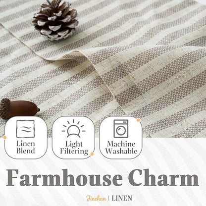 jinchan Striped Linen Kitchen Curtains with Attached Valance 36 Inch Length Cafe Tier Curtains for Living Room Rustic Half Window Light Filtering Rod Pocket Small Drapes 2 Panels Taupe Grey