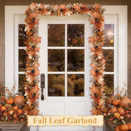 6 FT Fall Garland with Lights Timer Function Fall Leaves Garland with Berries Pine Cones Realistic Autumn Automatic ON/Off Timer Fall Decorations for Home Mantle Fireplace Porch Table