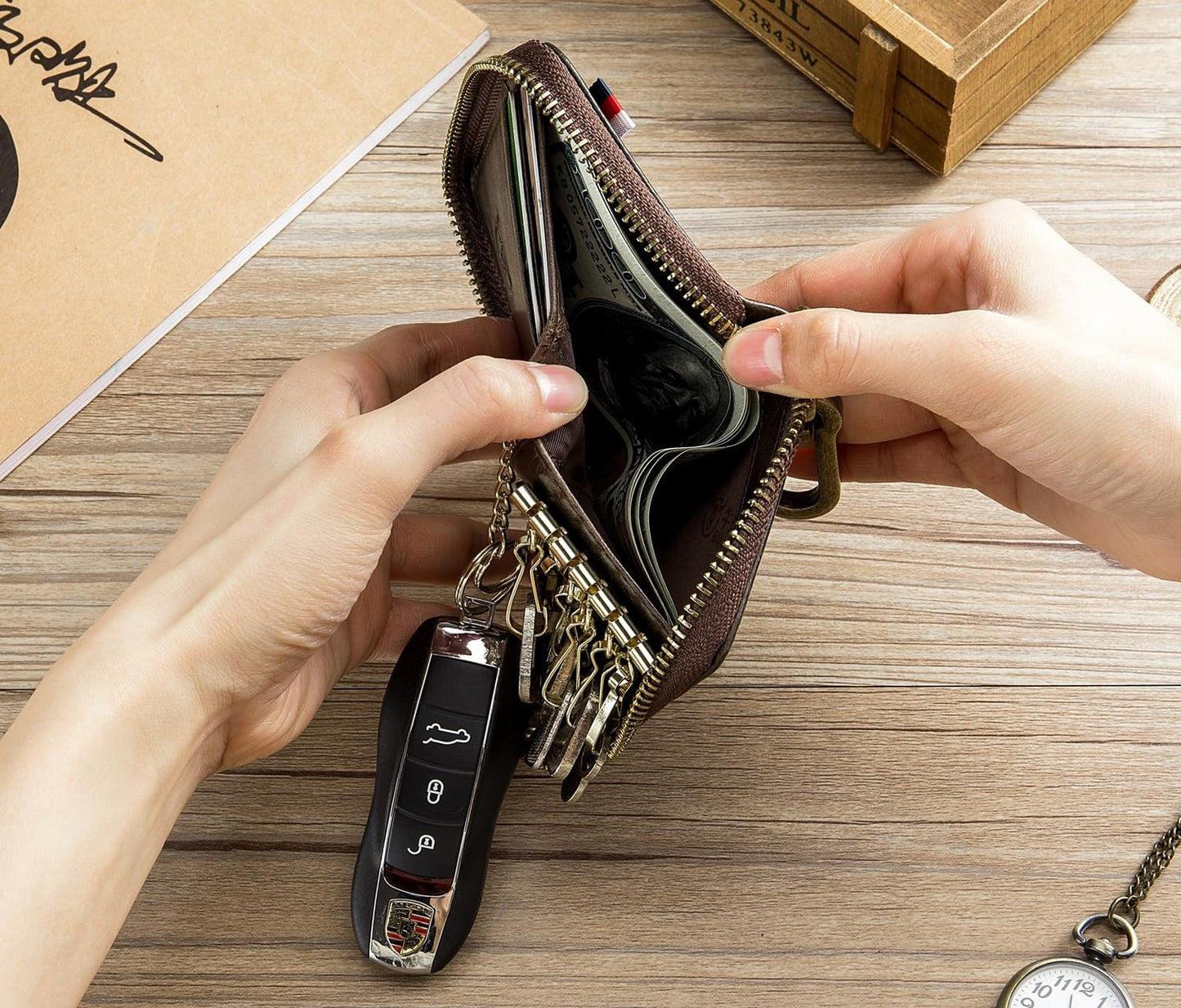 Men's Zipper Key Organizer Rfid Wallet with 6 Hooks Leather Key Holder Case (Dark brown)