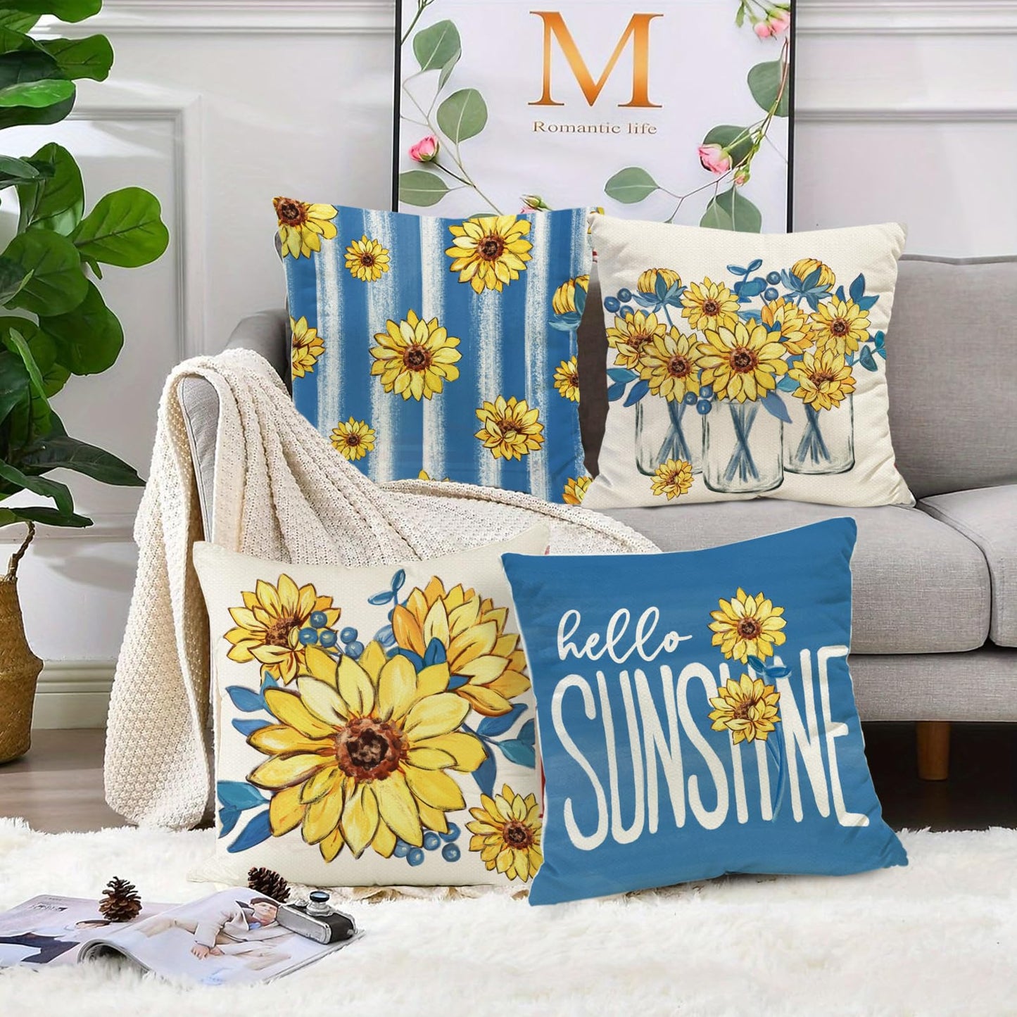 Tikeciti Sunflower Hello Sunshine Pillow Covers Italy Blue 18 x 18 Inch Throw Pillows, Amalfi Mason Jar Floral Decorative Farmhouse Cushion Case for Sofa Couch Set of 4