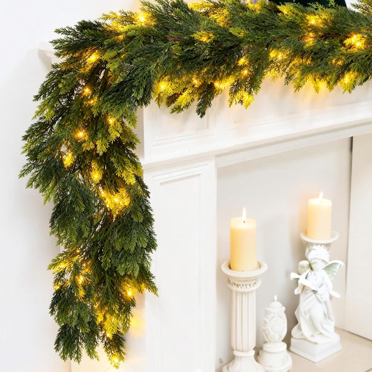 Joyhalo 6FT Christmas Garland Real Touch Cedar Garland Artificial Realistic Faux Cedar Garland with Lights for Mantle, Fireplace, Stairs Railing,Table Decor and Indoor Christmas Decorations