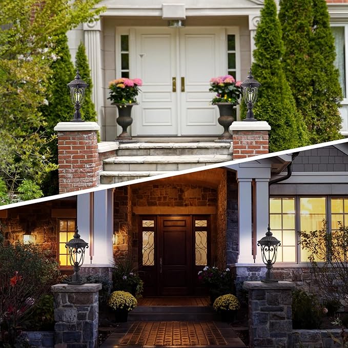 Dusk to Dawn Outdoor Post Light Fixture, 24in High Bronze Post Lantern with Pier Mount, Exterior Pole Lighting with Seeded Glass for Yard, Garden, Patio and Pathway, 2 Pack, LMMS0519-M-2P