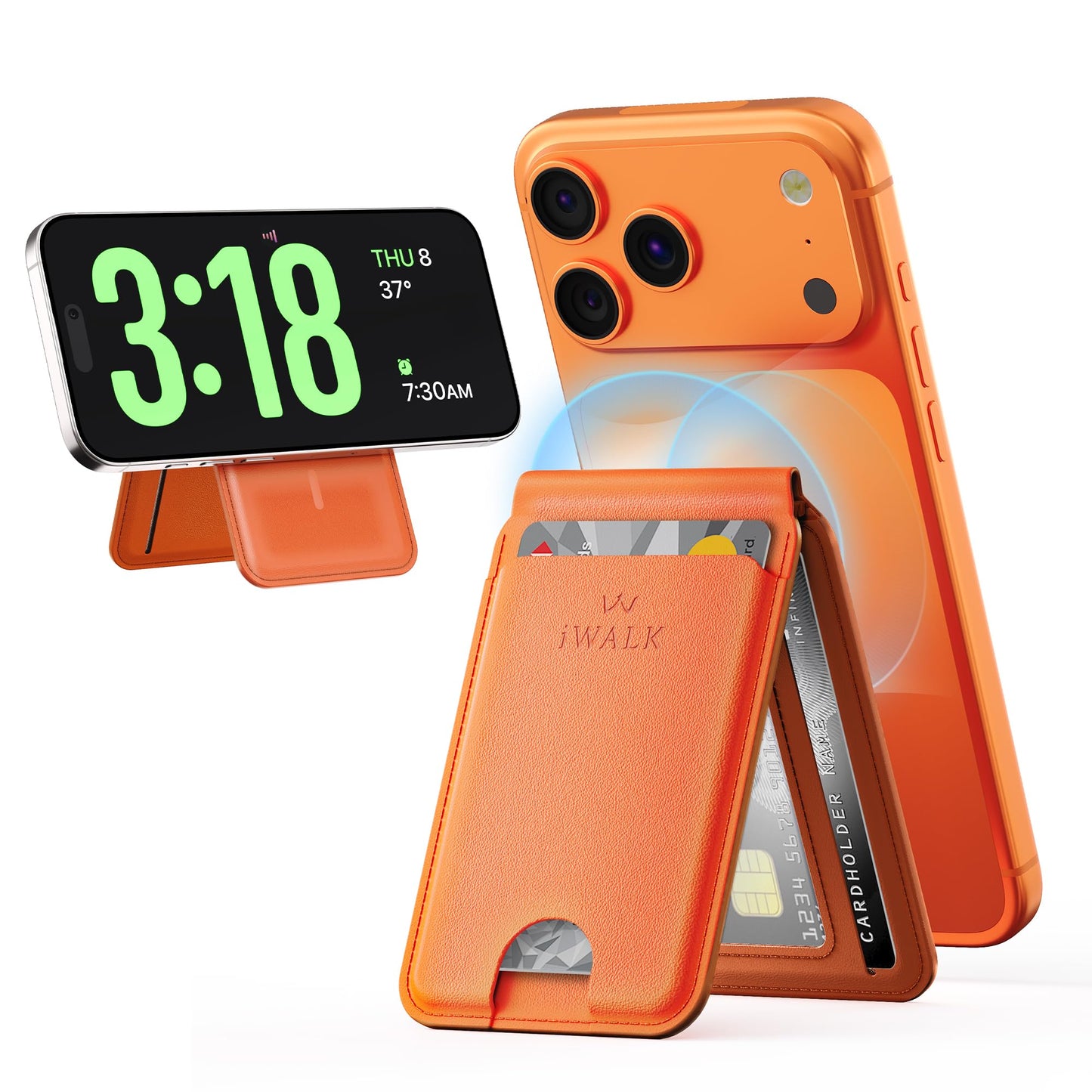 iWALK Stronger Magnetic Wallet, Upgraded for MagSafe Wallet, RFID Blocking, 5 Card Holder with Adjustable Stand, Slim Leather Phone Wallets for iPhone 17/16/15/14/13/12 Series, iPhone Wallets Orange