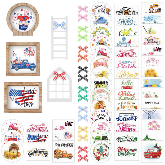 48 Pcs Interchangeable Seasonal Tiered Tray Decor Set Farmhouse Patriotic Summer Tiered Decoration Include Wood Frames with Ladders Card Bow Knot Tray Not Included(Fresh Color,Year Round Seasonal)