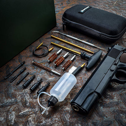 BOOSTEADY Universal Handgun Cleaning kit .22.357/.38/9mm.45 Caliber Pistol Cleaning Kit Brush Jag with Flexible Coated Cable and Empty Bottle in Zippered Case