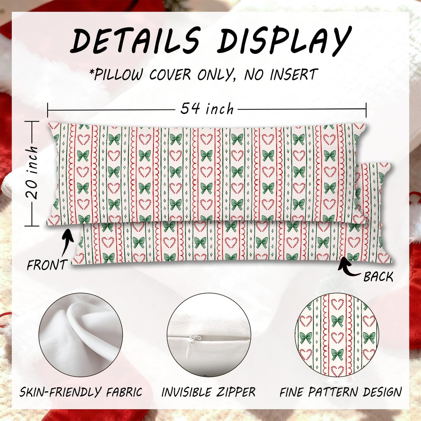 Mancheng-zi Coquette Bow Candy Cane Christmas 20x54 Body Pillow Cover Pillowcase with Zipper, Preppy Girly Christmas Decor, Retro Red and Green Xmas Decorative Long Hug Pillow Cases for Bed Couch
