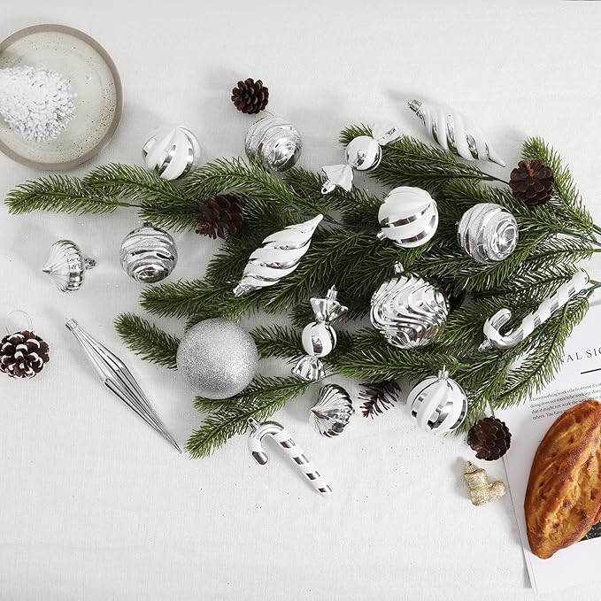 Christmas Ball Ornaments Set Shatterproof Christmas Tree Ornaments 24 PCS Painted Shaped Styles Xmas Tree for Holiday Decor,Silver