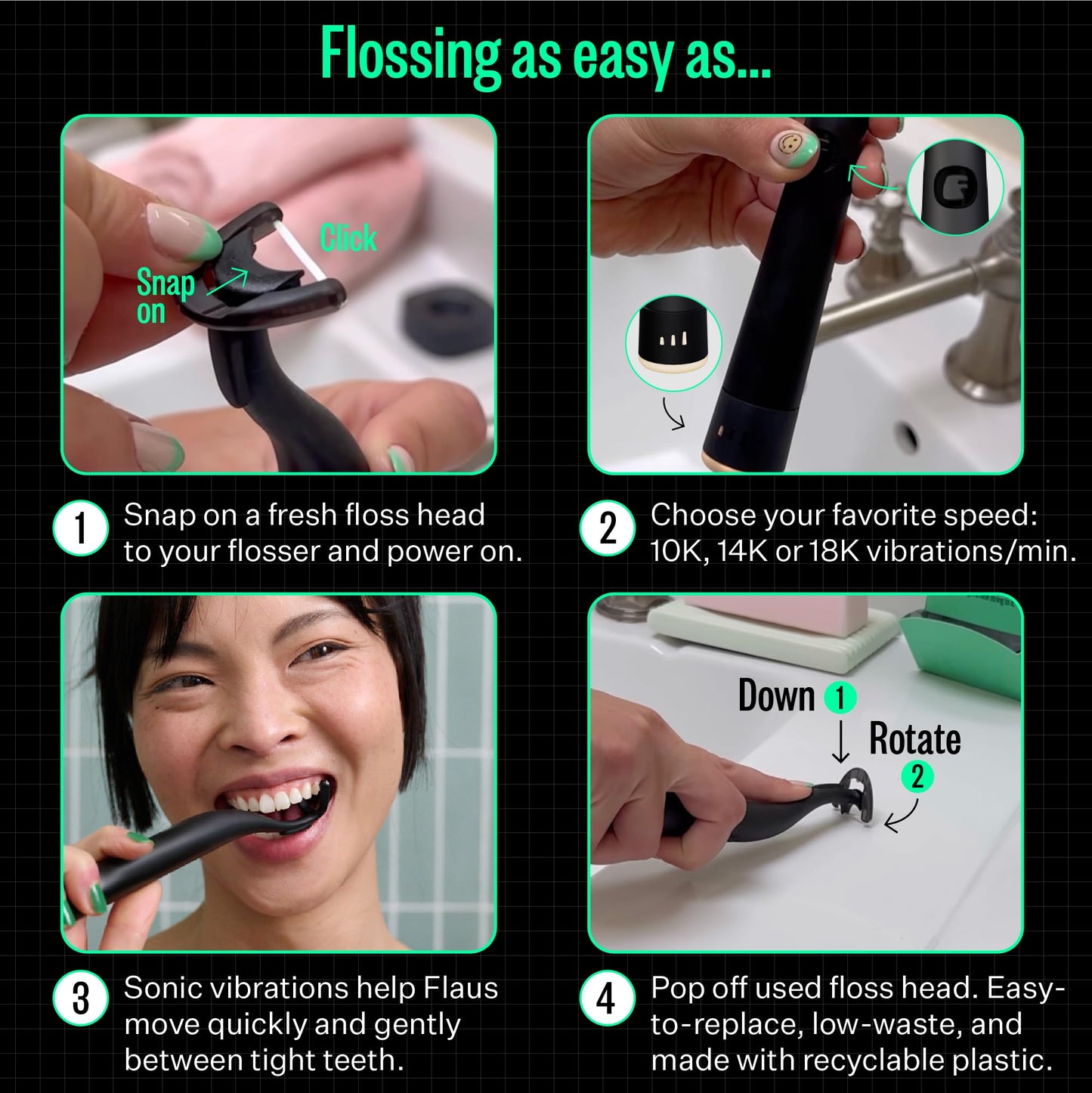 FLAUS Electric Flosser (Shark Tank) 3 Speeds + 45 Refill Heads w/Extra Strong Woven Floss, Increased Durability - Water Flosser Alternative, Dentist Recommended Tooth Flossers, Eco Dental Floss Picks