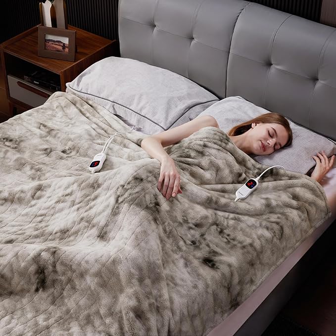 Guohaoi Heated Blanket Electric Throw, Soft Faux Rabbit Fur Electric Blanket with 10 Heating Levels 5 Sitting Timer Auto Off, Cozy Warm Heating Blankets, Machine Washable(90"×100" Light Grey)
