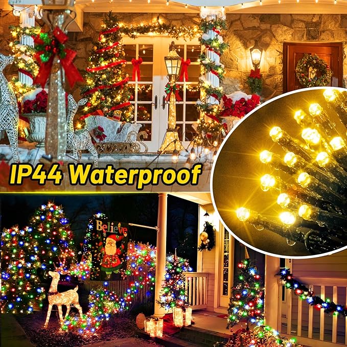 KNONEW Christmas Lights Outdoor 300 LED 99FT Green Wire Color Changing String Lights with 11 Modes & Timer Dimmable Fairy Light for Xmas Tree Roof Yard Wedding Decorations(Warm White to Multicolor)