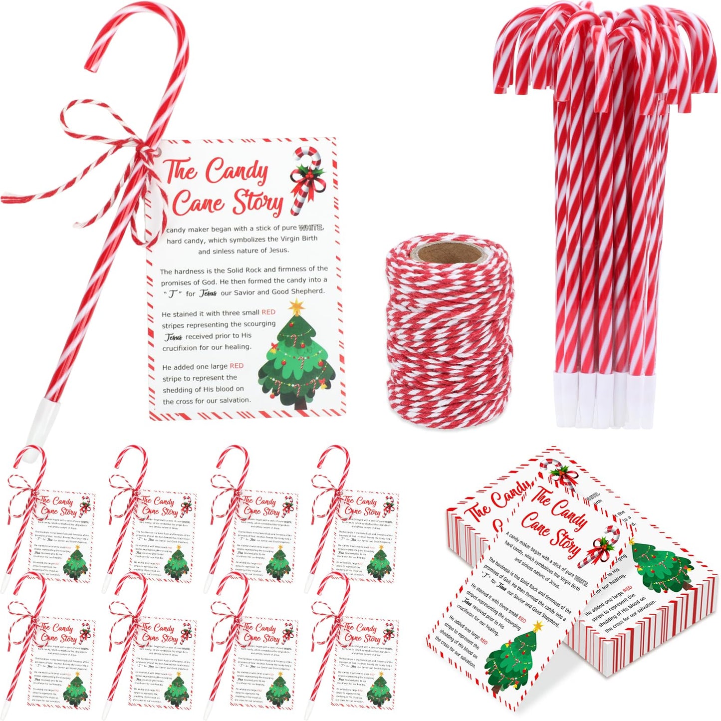 SAYAYA 60 Sets Christmas Candy Cane Pens Legend of Candy Cane Cards Xmas Religious Story Ballpoint Pens with Cotton Twine for Christmas Church Sunday School Supplies Party Gifts