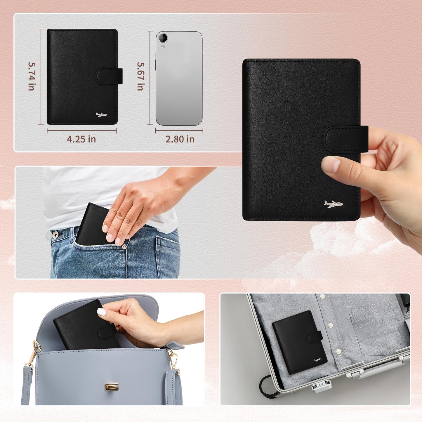 Passport Holder Women, Genuine Leather Passport Wallet RFID Blocking for Men and Women, Passport Cover with Snap Closure Fit for Immunization Record Card - Black