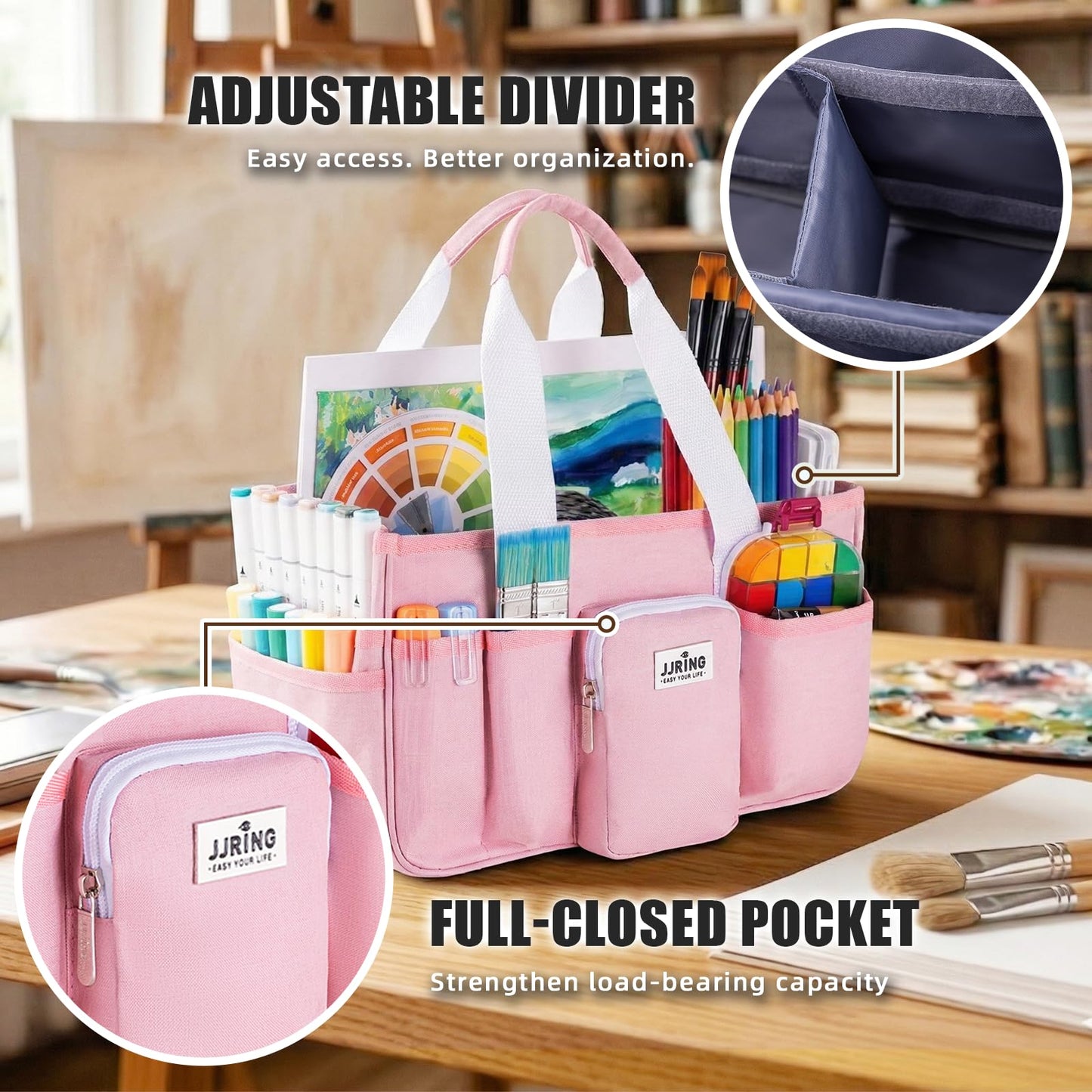 Jjring Craft Organizer Tote Bag, Portable Art Caddy with Adjustable Divider&Secure Zipper Pocket, Foldable Storage Tote for Scrapbooking, Sewing, Artist and Home(Pink)