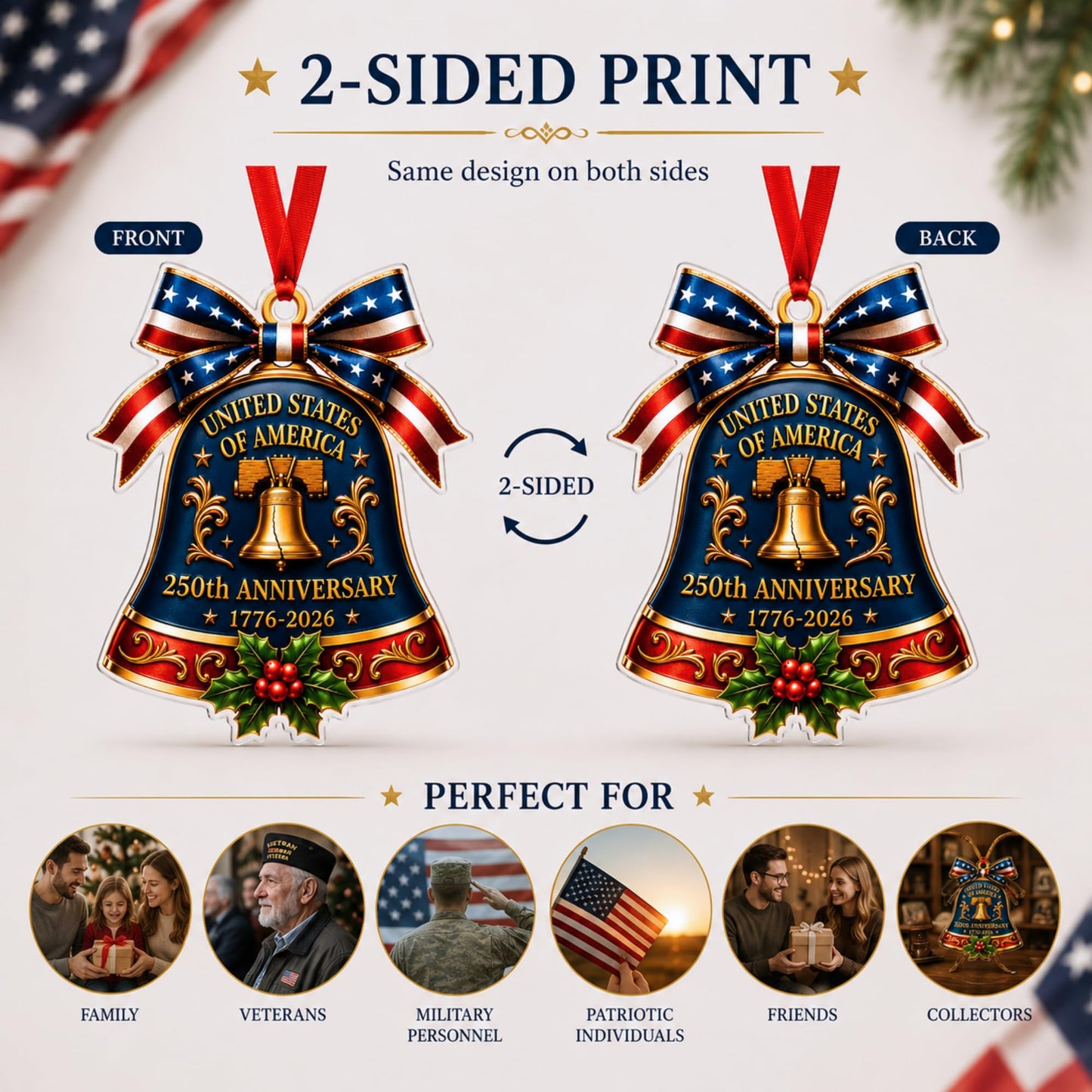 250 Anniversary Ornament 1776-2026, 2D Acrylic 250th Merchandise, USA America Anniversary Christmas Ornament, Fourth of July Decorations, Patriotic Decor, American Birthday Gifts