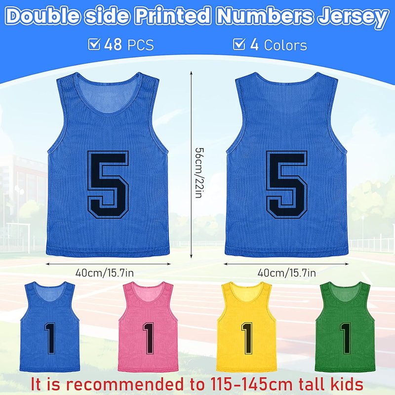 M-Aimee Youth Pinnies - 48 Pcs Mesh Basketball Practice Jerseys | Numbered Soccer Scrimmage Vests in Green, Yellow, Pink, Blue