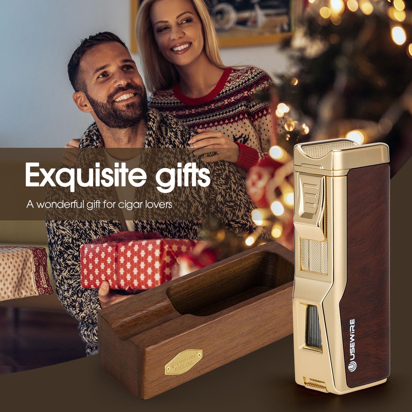 USEWIRE Cigar Lighter and Ashtray Set, Quad Windproof Jet Flame, with Cigar Holder and Cigar Punch, Refillable Butane Gas Lighter, Multifunctional Cigar Accessories Gift Set