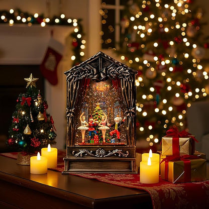 Christmas Snow Globe Lantern Water Glittering Nutcracker Ballet Theatre with Music & Timer, USB Lined/Battery Operated Lighted Lantern for Christmas Festival Decoration Gifts