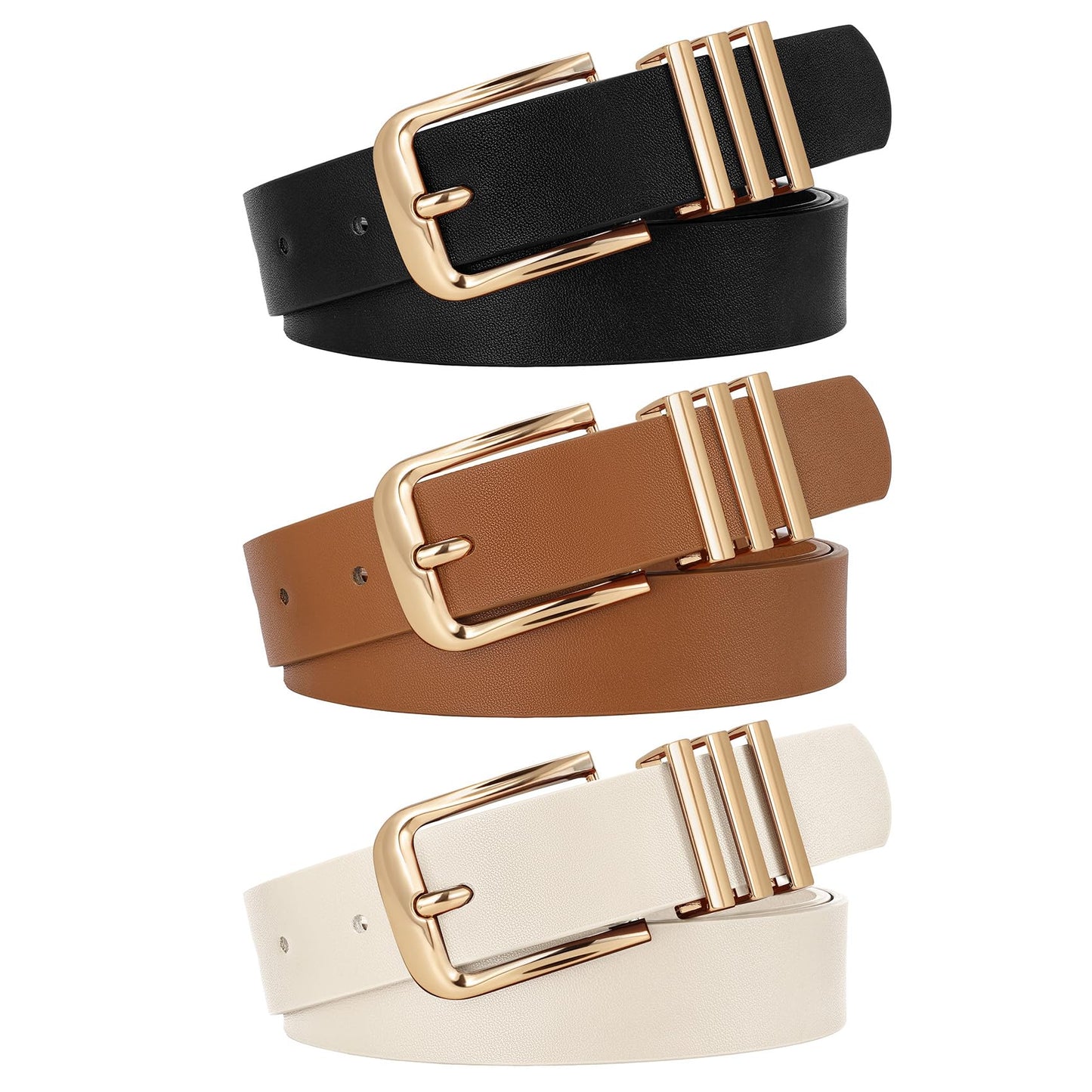WERFORU 3 PACK Women Belt Women Fashion Leather Belts for Jeans Pants Ladies Belts with Gold Buckle,B-Black+Brown+Beige-gold,Fit Waist Size 32-36 Inches