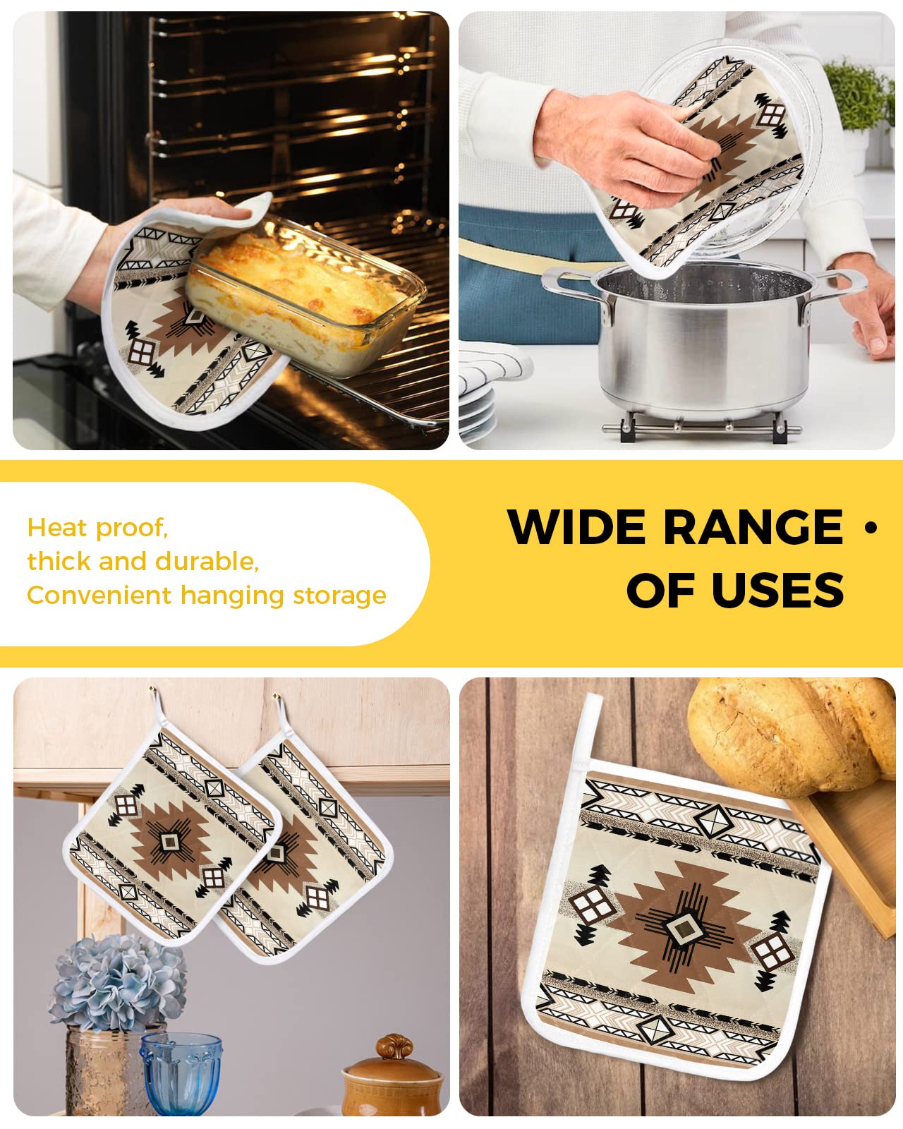 Southwest Pot Holders for Kitchen Heat Resistant Potholder, 4 Pack Hot Pads Multipurpose Oven Pads Terry Cloth Potholders Trivet for Cooking and Baking Tribal Indian Ethnic