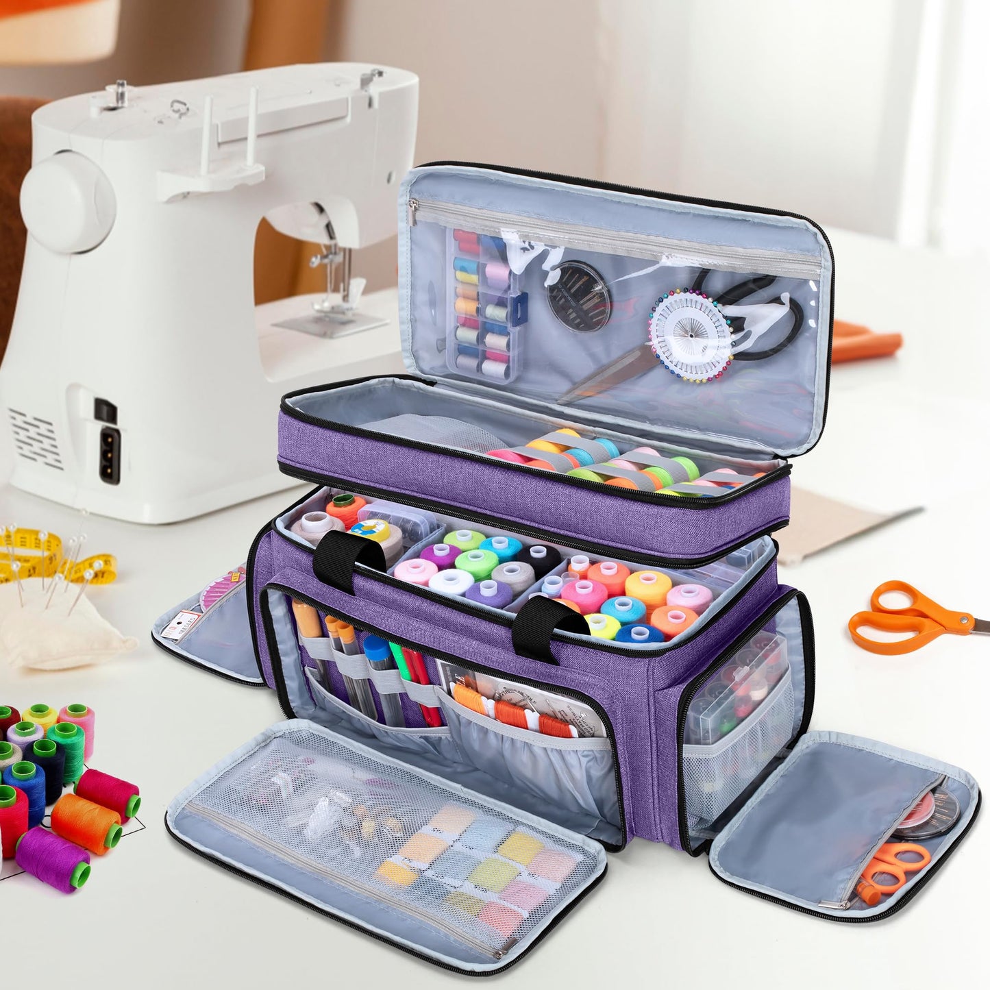 LUXJA Large 2 Layers Sewing Organizer Bag with 5 Detachable Dividers, Sewing Storage Bag for Sewing Supplies, Purple