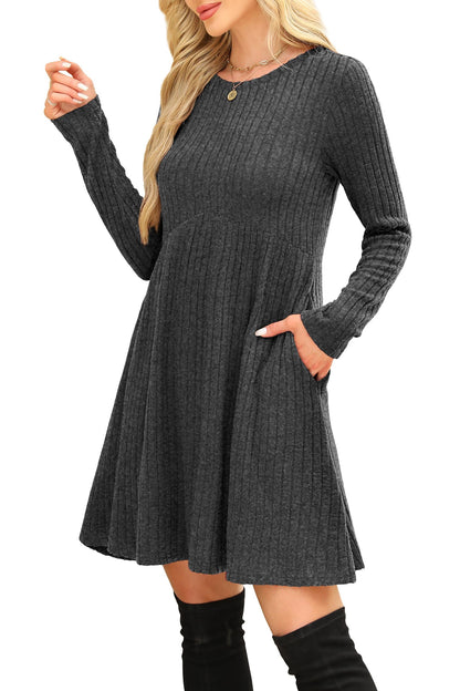 OFEEFAN Long Sleeve Dress for Women Crew Neck Empire Waist Tunic Dress with Pockets